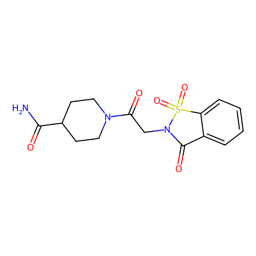 1-[(1,1-dioxido-3-oxo-1,2-benzothiazol-2(3H)-yl)acetyl]piperidine-4-carboxamide structure