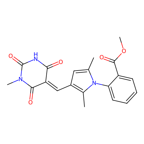 (E)-methyl 2-(2,5-dimethyl-3-((1-methyl-2,4,6-trioxotetrahydropyrimidin-5(2H)-ylidene)methyl)-1H-pyrrol-1-yl)benzoate structure