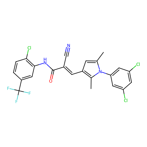 (E)-N-[2-chloro-5-(trifluoromethyl)phenyl]-2-cyano-3-[1-(3,5-dichlorophenyl)-2,5-dimethylpyrrol-3-yl]prop-2-enamide structure