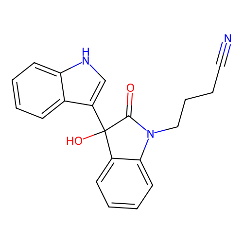 4-(3-hydroxy-2-oxo-2,3-dihydro-1H,1'H-3,3'-biindol-1-yl)butanenitrile structure