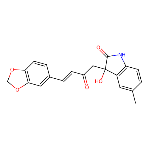 3-[(Z)-4-(1,3-benzodioxol-5-yl)-2-oxobut-3-enyl]-3-hydroxy-5-methyl-1H-indol-2-one structure