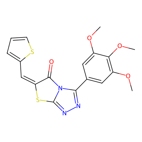 (E)-6-(thiophen-2-ylmethylene)-3-(3,4,5-trimethoxyphenyl)thiazolo[2,3-c][1,2,4]triazol-5(6H)-one structure