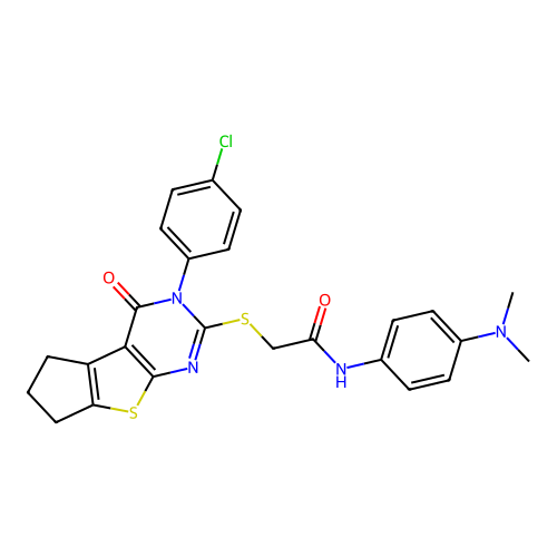 2-((3-(4-chlorophenyl)-4-oxo-4,5,6,7-tetrahydro-3H-cyclopenta[4,5]thieno[2,3-d]pyrimidin-2-yl)thio)-N-(4-(dimethylamino)phenyl)acetamide structure