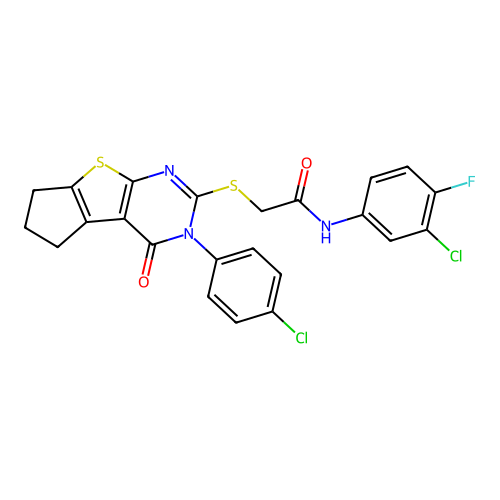 N-(3-chloro-4-fluorophenyl)-2-((3-(4-chlorophenyl)-4-oxo-4,5,6,7-tetrahydro-3H-cyclopenta[4,5]thieno[2,3-d]pyrimidin-2-yl)thio)acetamide structure