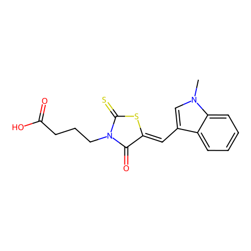 (Z)-4-(5-((1-methyl-1H-indol-3-yl)methylene)-4-oxo-2-thioxothiazolidin-3-yl)butanoic acid structure