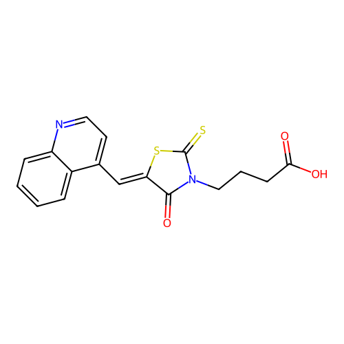 (Z)-4-(4-oxo-5-(quinolin-4-ylmethylene)-2-thioxothiazolidin-3-yl)butanoic acid structure