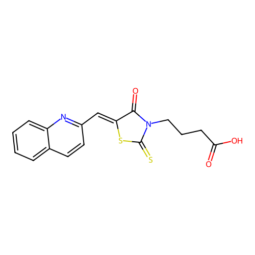 (Z)-4-(4-oxo-5-(quinolin-2-ylmethylene)-2-thioxothiazolidin-3-yl)butanoic acid structure