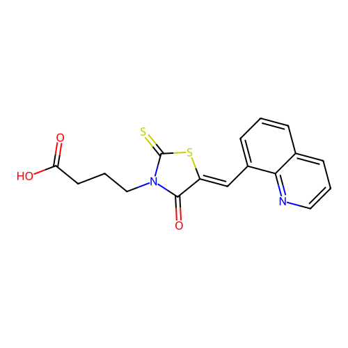 (Z)-4-(4-oxo-5-(quinolin-8-ylmethylene)-2-thioxothiazolidin-3-yl)butanoic acid structure