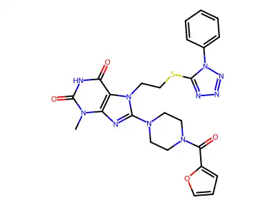 8-[4-(furan-2-carbonyl)piperazin-1-yl]-3-methyl-7-{2-[(1-phenyl-1H-1,2,3,4-tetrazol-5-yl)sulfanyl]ethyl}-2,3,6,7-tetrahydro-1H-purine-2,6-dione structure