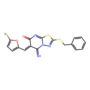 (6Z)-2-benzylsulfanyl-6-[(5-bromofuran-2-yl)methylidene]-5-imino-[1,3,4]thiadiazolo[3,2-a]pyrimidin-7-one structure