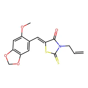 (5E)-5-[(6-methoxy-1,3-benzodioxol-5-yl)methylidene]-3-(prop-2-en-1-yl)-2-thioxo-1,3-thiazolidin-4-one structure
