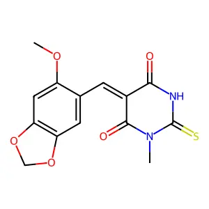 (5Z)-5-[(6-methoxy-1,3-benzodioxol-5-yl)methylidene]-1-methyl-2-sulfanylidene-1,3-diazinane-4,6-dione structure