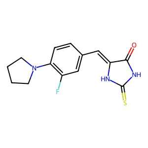 (E)-5-(3-fluoro-4-(pyrrolidin-1-yl)benzylidene)-2-thioxoimidazolidin-4-one structure