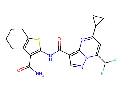 N-(3-carbamoyl-4,5,6,7-tetrahydro-1-benzothiophen-2-yl)-5-cyclopropyl-7-(difluoromethyl)pyrazolo[1,5-a]pyrimidine-3-carboxamide structure