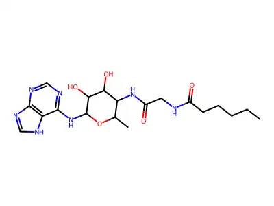 N-[2-[[4,5-dihydroxy-2-methyl-6-(7H-purin-6-ylamino)oxan-3-yl]amino]-2-oxoethyl]hexanamide structure