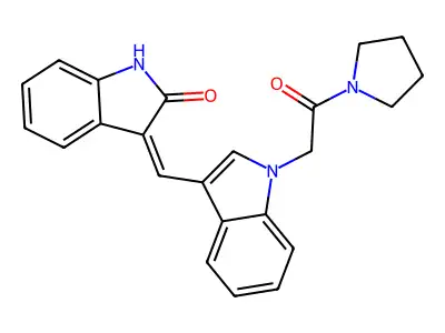3-[[1-(2-oxo-2-pyrrolidin-1-ylethyl)indol-3-yl]methylidene]-1H-indol-2-one structure