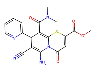 Methyl 6-amino-7-cyano-9-[(dimethylamino)carbonyl]-4-oxo-8-(2-pyridinyl)-4H,8H-pyrido[2,1-b][1,3]thiazine-2-carboxylate structure