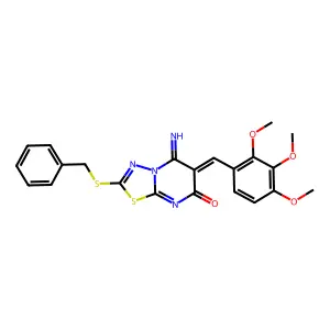 (6Z)-2-(benzylsulfanyl)-5-imino-6-(2,3,4-trimethoxybenzylidene)-5,6-dihydro-7H-[1,3,4]thiadiazolo[3,2-a]pyrimidin-7-one structure