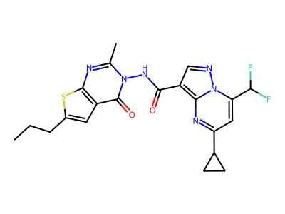5-cyclopropyl-7-(difluoromethyl)-N-(2-methyl-4-oxo-6-propylthieno[2,3-d]pyrimidin-3-yl)pyrazolo[1,5-a]pyrimidine-3-carboxamide structure