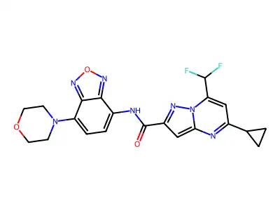 5-cyclopropyl-7-(difluoromethyl)-N-(4-morpholin-4-yl-2,1,3-benzoxadiazol-7-yl)pyrazolo[1,5-a]pyrimidine-2-carboxamide structure