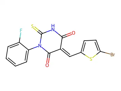 5-[(5-bromothiophen-2-yl)methylidene]-1-(2-fluorophenyl)-2-sulfanylidene-1,3-diazinane-4,6-dione structure