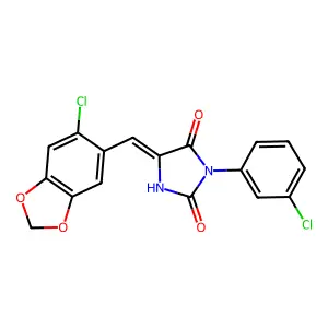 (5E)-5-[(6-chloro-1,3-benzodioxol-5-yl)methylidene]-3-(3-chlorophenyl)imidazolidine-2,4-dione structure