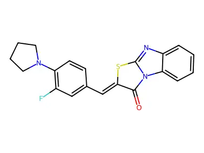 (2Z)-2-[3-fluoro-4-(pyrrolidin-1-yl)benzylidene][1,3]thiazolo[3,2-a]benzimidazol-3(2H)-one structure