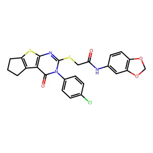 N-(1,3-benzodioxol-5-yl)-2-{[3-(4-chlorophenyl)-4-oxo-3,5,6,7-tetrahydro-4H-cyclopenta[4,5]thieno[2,3-d]pyrimidin-2-yl]sulfanyl}acetamide structure