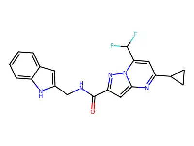 5-cyclopropyl-7-(difluoromethyl)-N-(1H-indol-2-ylmethyl)pyrazolo[1,5-a]pyrimidine-2-carboxamide structure