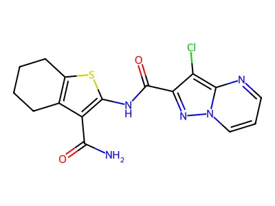 N-(3-carbamoyl-4,5,6,7-tetrahydro-1-benzothiophen-2-yl)-3-chloropyrazolo[1,5-a]pyrimidine-2-carboxamide structure
