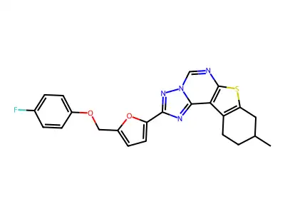 2-(5-((4-fluorophenoxy)methyl)furan-2-yl)-9-methyl-8,9,10,11-tetrahydrobenzo[4,5]thieno[3,2-e][1,2,4]triazolo[1,5-c]pyrimidine structure