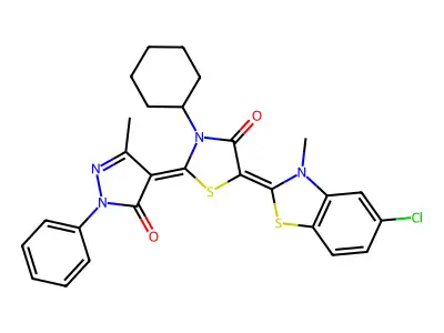 5-(5-chloro-3-methyl-1,3-benzothiazol-2-ylidene)-3-cyclohexyl-2-(3-methyl-5-oxo-1-phenylpyrazol-4-ylidene)-1,3-thiazolidin-4-one structure