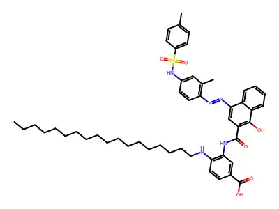 3-[({1-hydroxy-4-[(E)-(2-methyl-4-{[(4-methylphenyl)sulfonyl]amino}phenyl)diazenyl]naphthalen-2-yl}carbonyl)amino]-4-(octadecylamino)benzoic acid structure