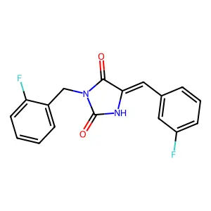 (5E)-3-[(2-fluorophenyl)methyl]-5-[(3-fluorophenyl)methylidene]imidazolidine-2,4-dione structure