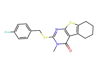 2-[(4-fluorobenzyl)sulfanyl]-3-methyl-5,6,7,8-tetrahydro[1]benzothieno[2,3-d]pyrimidin-4(3H)-one structure