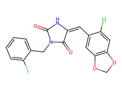 (5E)-5-[(6-chloro-1,3-benzodioxol-5-yl)methylidene]-3-[(2-fluorophenyl)methyl]imidazolidine-2,4-dione structure