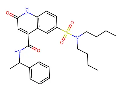 6-(dibutylsulfamoyl)-2-oxo-N-(1-phenylethyl)-1H-quinoline-4-carboxamide structure