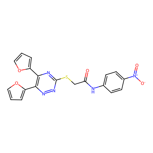 2-{[5,6-di(furan-2-yl)-1,2,4-triazin-3-yl]sulfanyl}-N-(4-nitrophenyl)acetamide structure
