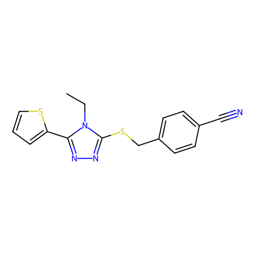 4-({[4-ethyl-5-(thiophen-2-yl)-4H-1,2,4-triazol-3-yl]sulfanyl}methyl)benzonitrile structure