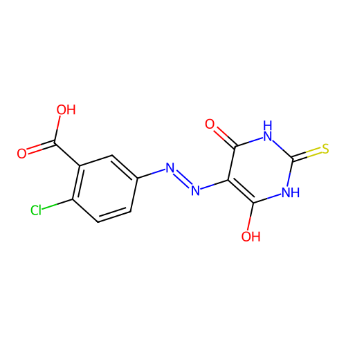 2-chloro-5-[2-(4,6-dioxo-2-sulfanylidene-1,3-diazinan-5-ylidene)hydrazinyl]benzoic Acid structure