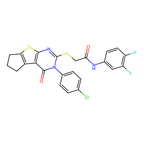 2-((3-(4-chlorophenyl)-4-oxo-4,5,6,7-tetrahydro-3H-cyclopenta[4,5]thieno[2,3-d]pyrimidin-2-yl)thio)-N-(3,4-difluorophenyl)acetamide structure