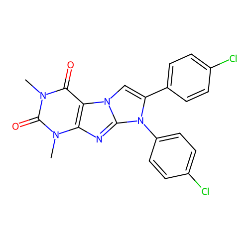 7,8-bis(4-chlorophenyl)-1,3-dimethyl-1H-imidazo[2,1-f]purine-2,4(3H,8H)-dione structure