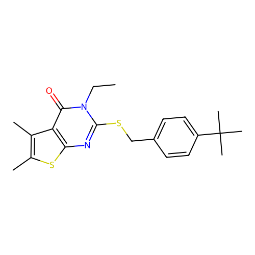 2-((4-(tert-butyl)benzyl)thio)-3-ethyl-5,6-dimethylthieno[2,3-d]pyrimidin-4(3H)-one structure