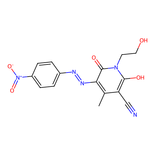(5E)-1-(2-hydroxyethyl)-4-methyl-5-[(4-nitrophenyl)hydrazinylidene]-2,6-dioxopyridine-3-carbonitrile structure