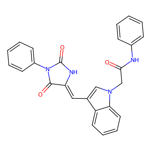 2-[3-[(2,5-dioxo-1-phenyl-imidazolidin-4-ylidene)methyl]indol-1-yl]-N-phenyl-acetamide structure