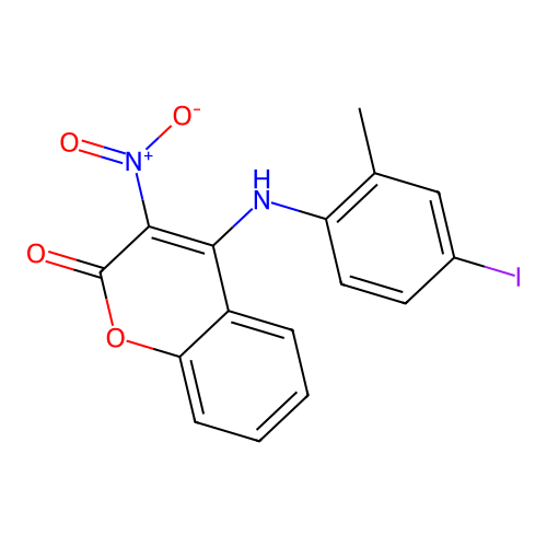4-((4-iodo-2-methylphenyl)amino)-3-nitro-2H-chromen-2-one structure