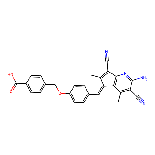(E)-4-((4-((2-amino-3,7-dicyano-4,6-dimethyl-5H-cyclopenta[b]pyridin-5-ylidene)methyl)phenoxy)methyl)benzoic acid structure