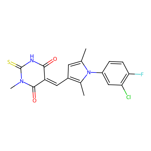 (5E)-5-{[1-(3-chloro-4-fluorophenyl)-2,5-dimethyl-1H-pyrrol-3-yl]methylidene}-1-methyl-2-thioxodihydropyrimidine-4,6(1H,5H)-dione structure
