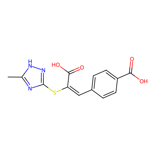 (E)-4-(2-carboxy-2-((5-methyl-4H-1,2,4-triazol-3-yl)thio)vinyl)benzoic acid structure