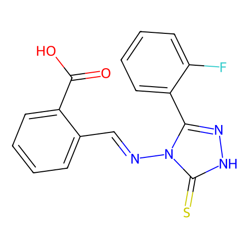 (E)-2-(((3-(2-fluorophenyl)-5-mercapto-4H-1,2,4-triazol-4-yl)imino)methyl)benzoic acid structure